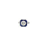 18K WHITE GOLD 1.65CT G SI1 OLD MINE CUT ROUND DIAMOND AND 1.15CT BLUE SAPPHIRE ENGAGEMENT RING